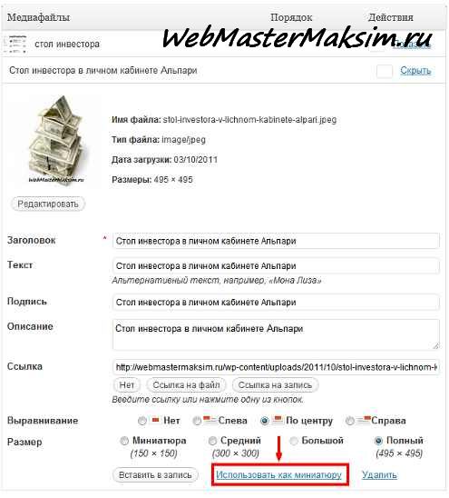 кнопка «Использовать как миниатюру»